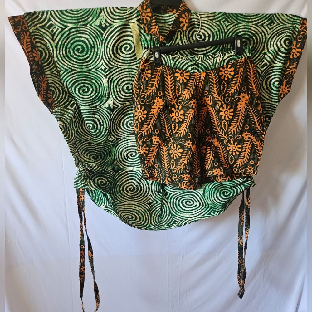 African Print Green and Orange Patterned Women's Top and Short Set- New